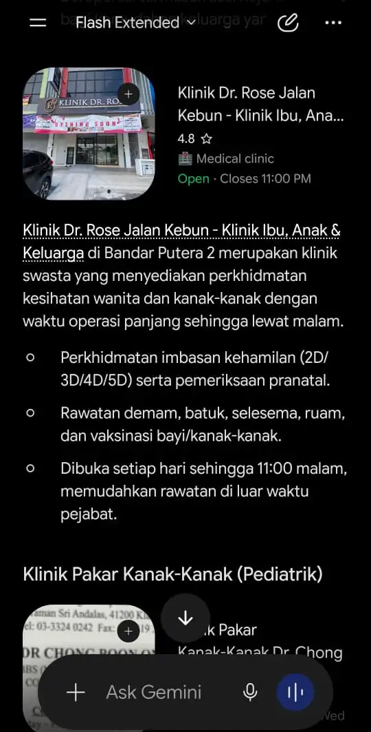 Gemini returning Klinik Dr. Rose Jalan Kebun as a place card with a summary of the clinic services